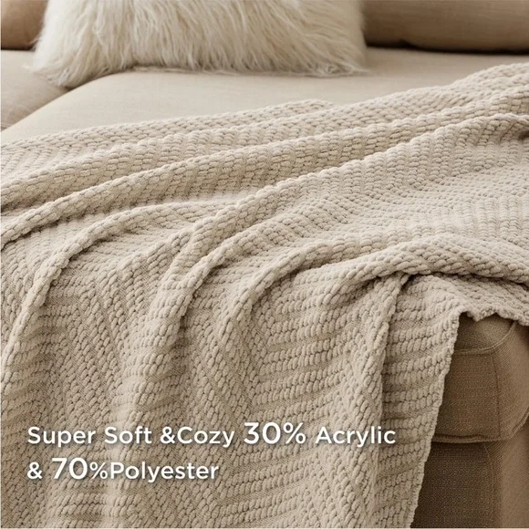 West Elm Oatmeal Light Tan Brown Fringe Chevron Throw Blanket Indoor Luxury Gift - Picture 3 of 13